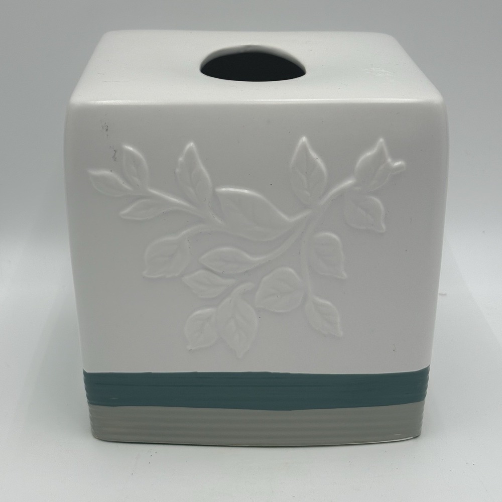 Stephanie Ryan Windsor Leaves Tissue Box Cover White Teal Gray Bathroom Decor